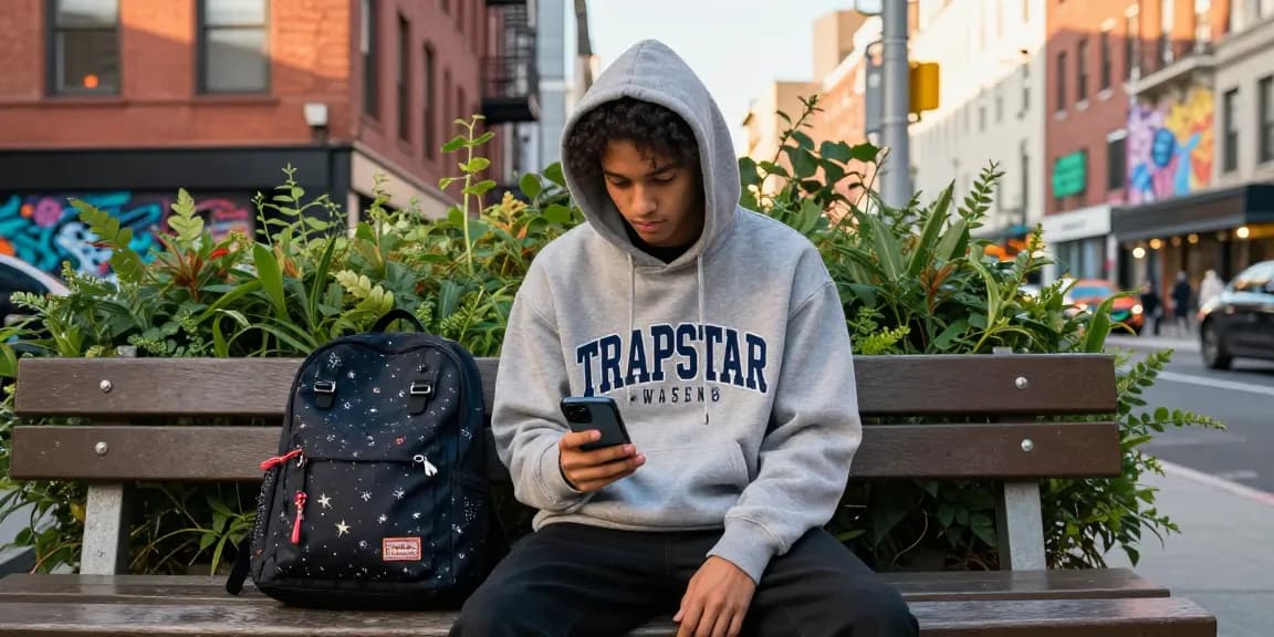 Felpa trapstar indossata da giovane in ambiente urbano con smartphone e zaino.