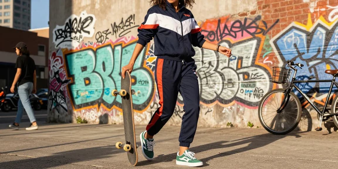 Momento di street style che mostra una tuta trapstar donna completata da elementi urbani.