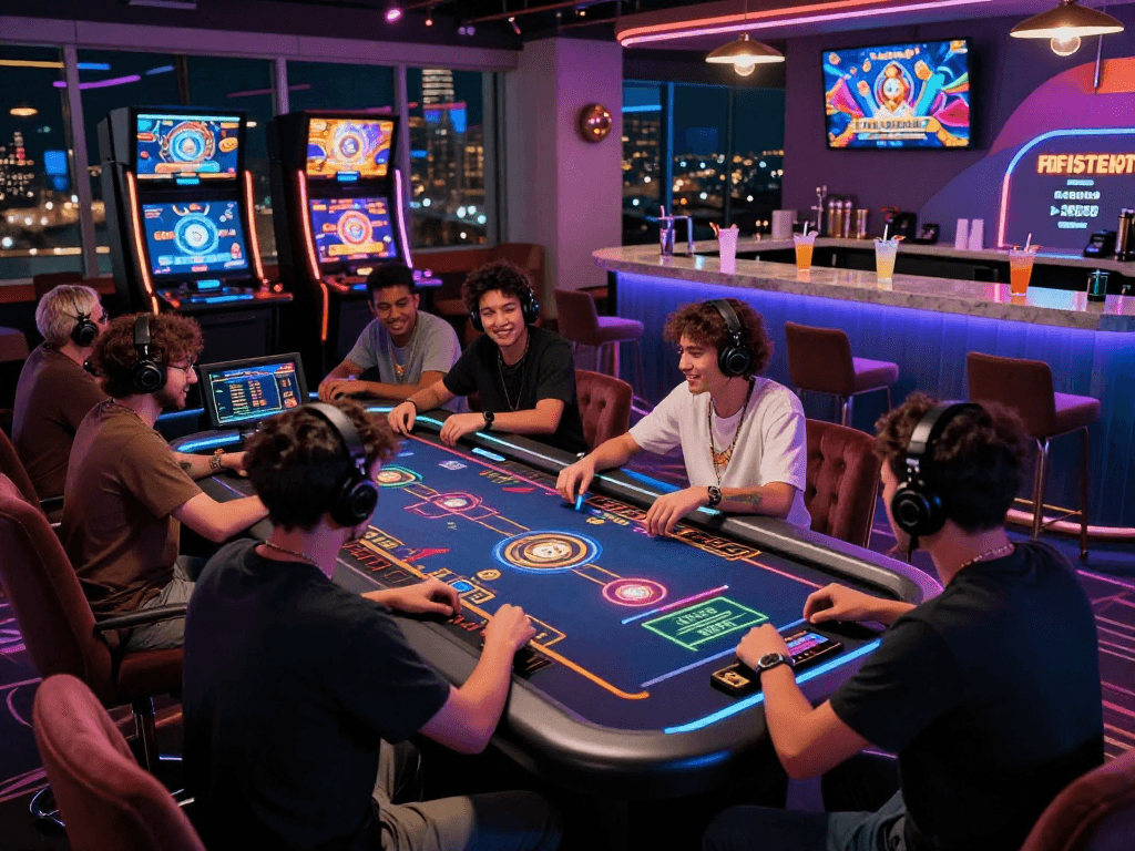 Dynamic scene at a crypto casino with diverse players enjoying digital gaming and vibrant atmosphere.
