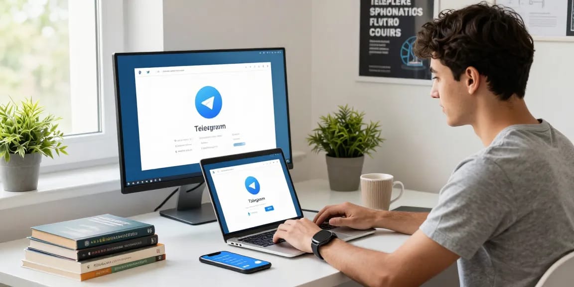 Download Telegram application in a vibrant modern workspace with laptop, smartphone, and tech books.