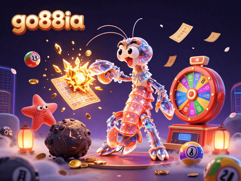 go88ia showcases a galactic samurai shrimp amidst casino elements like lottery balls and bingo cards, in an exciting illustration.