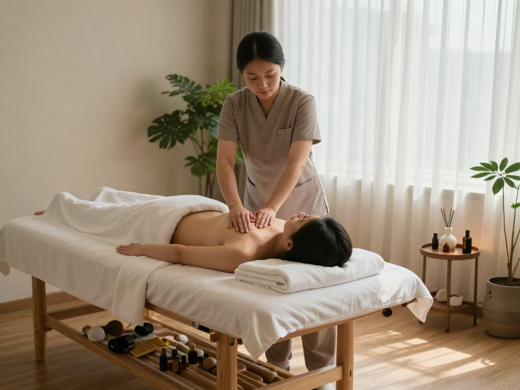 Client receiving 김포출장마사지 in a calming spa atmosphere with soothing elements and professional therapist.
