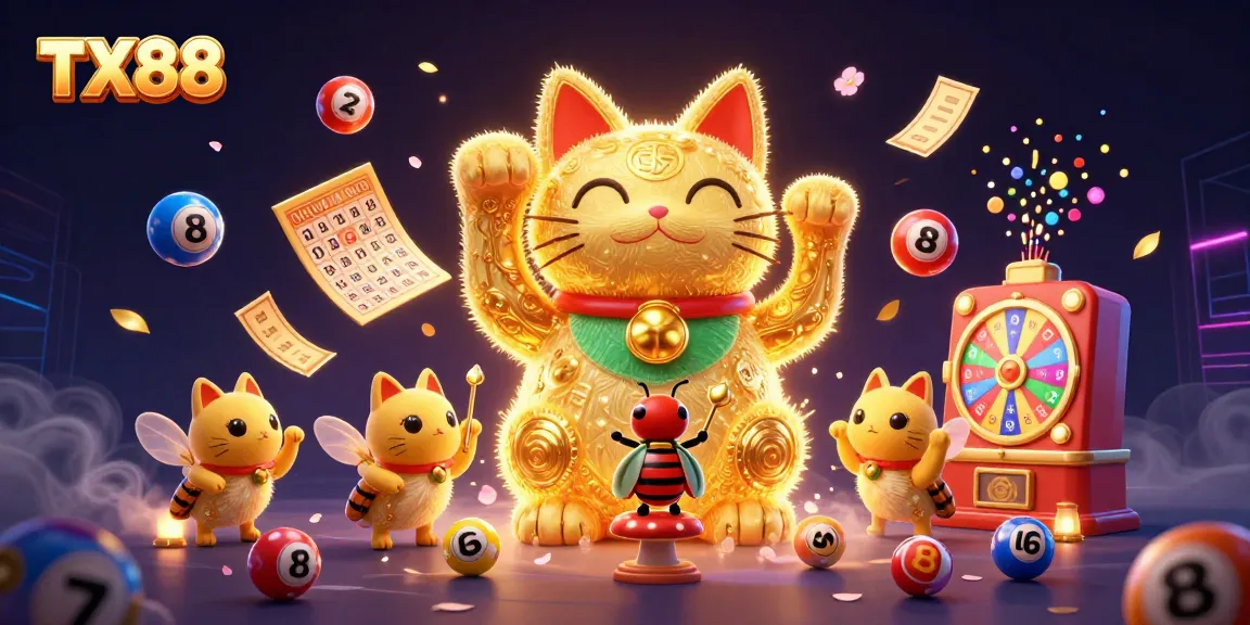 Experience the vibrant world of TX88 where golden fireflies create a lucky cat amidst exciting lottery and casino elements.