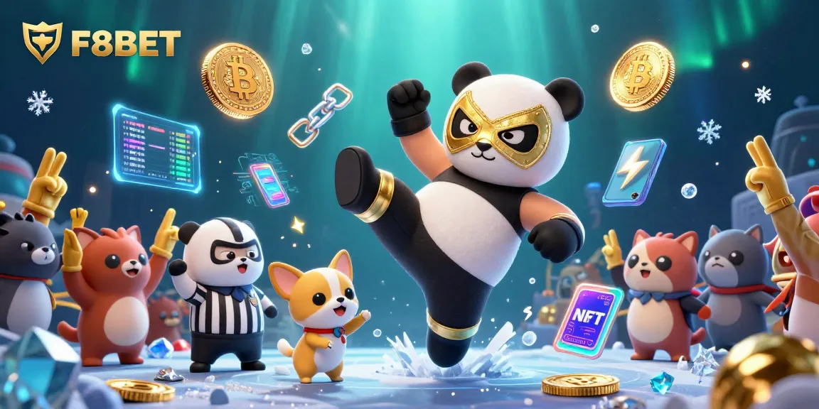 Experience the excitement of F8BET with a vibrant scene of a panda wrestler, gambling elements, and cheering animal fans.
