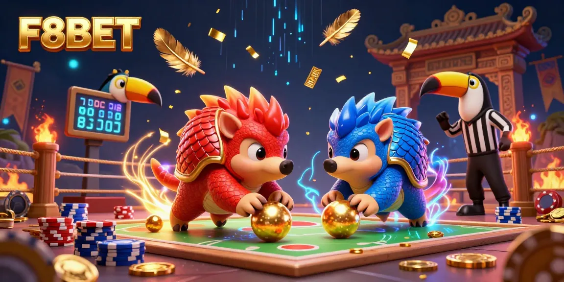F8BET features rival pangolins battling in a colorful casino atmosphere, showcasing energetic gaming elements.