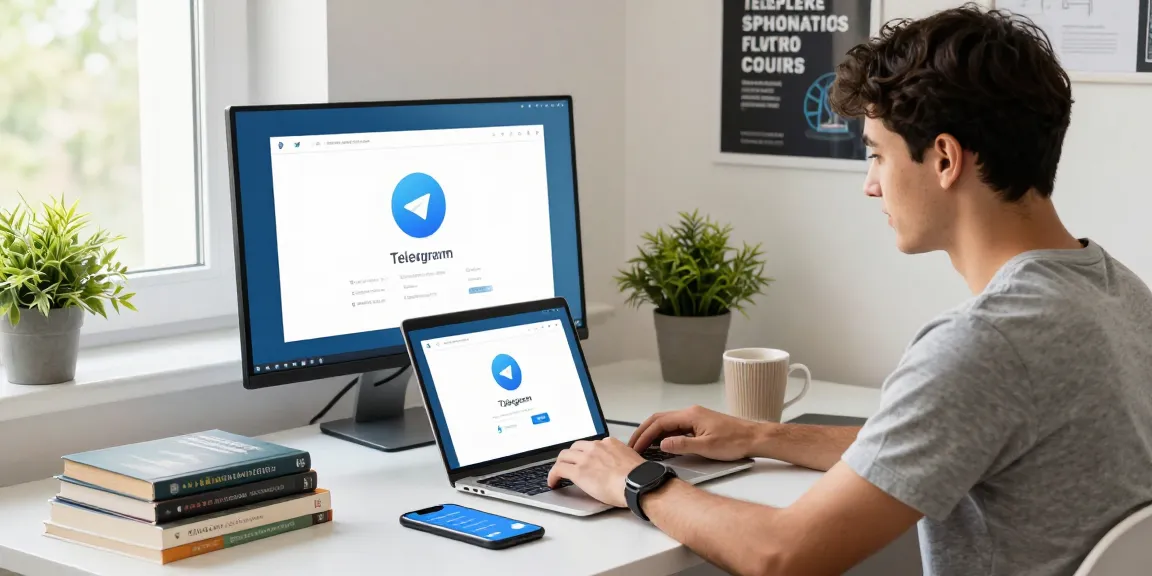 Download Telegram application in a vibrant modern workspace with laptop, smartphone, and tech books.