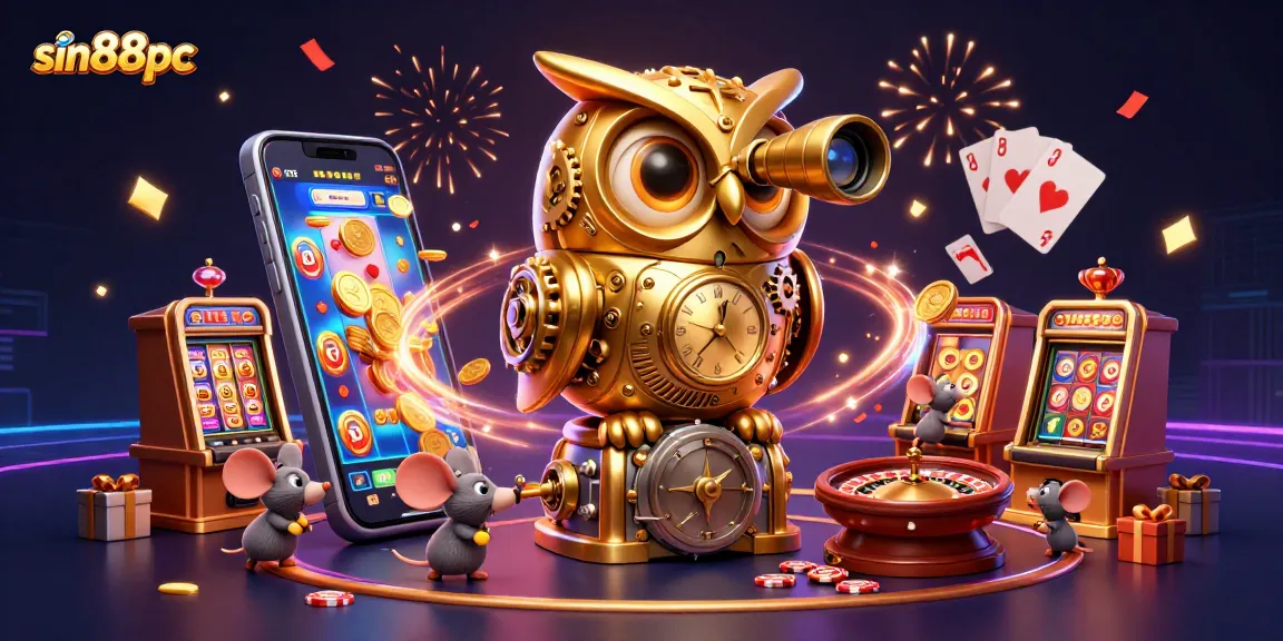 Engage at sin88pc with a vibrant, detailed 3D casino scene featuring an owl, slot games, and festive elements.