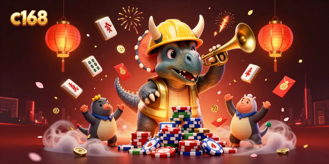 C168 gamers celebrate with 3D cartoon characters as a triceratops builds a poker chip pyramid amidst festive elements.