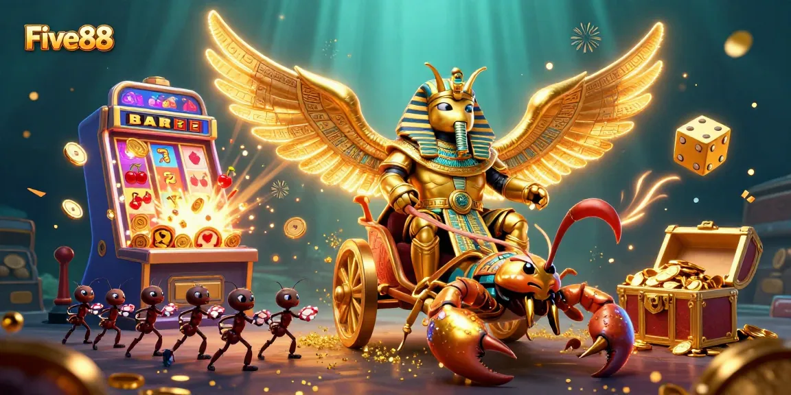 Experience thrilling gameplay with Five88's vibrant casino elements in a richly illustrated scene.