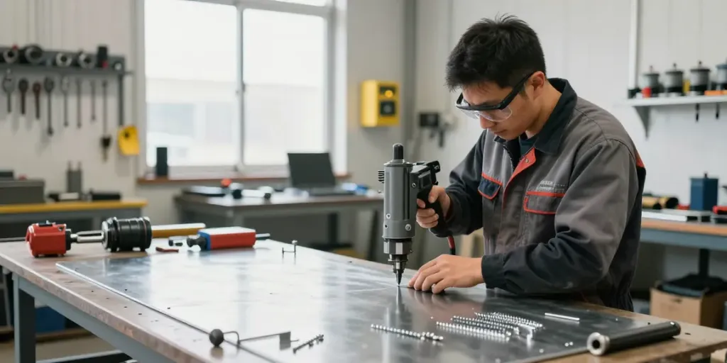 Il tecnico utilizza una pistola per rivetti in un laboratorio luminoso, circondato da strumenti e materiali metallici.