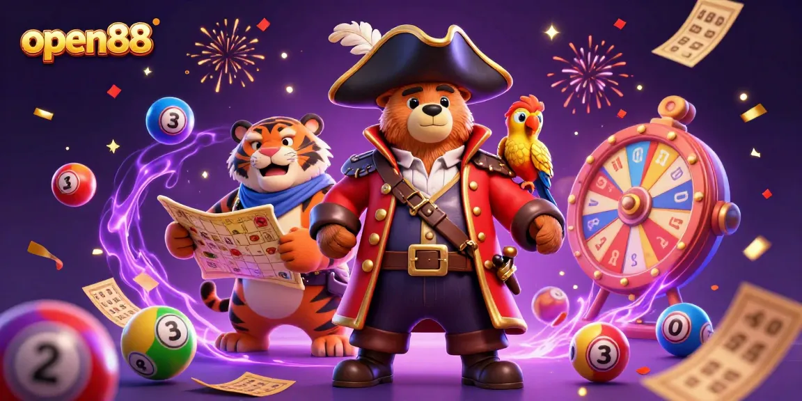 Engage with open88 as colorful lottery balls and prizes surround a pirate bear and tiger duo in an exciting gaming scene.