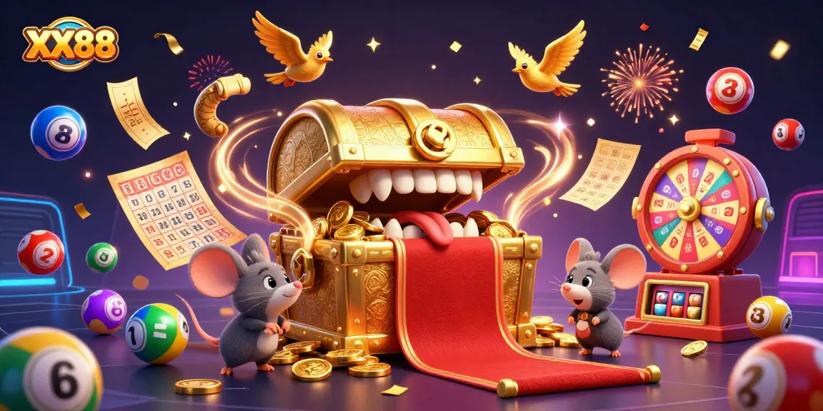 Experience the excitement of winning with XX88 at a virtual casino, featuring colorful lottery elements and a treasure chest.
