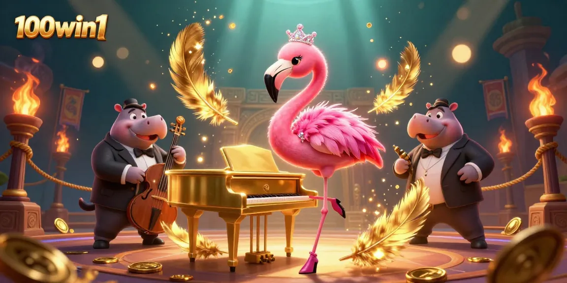 Experience the excitement of 100win1 with vibrant casino elements, a flamingo singer, and dynamic game imagery.