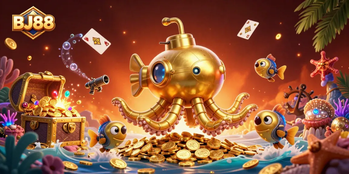 BJ88's underwater adventure showcases a golden kraken submarine amid gold coins and festive gameplay elements.