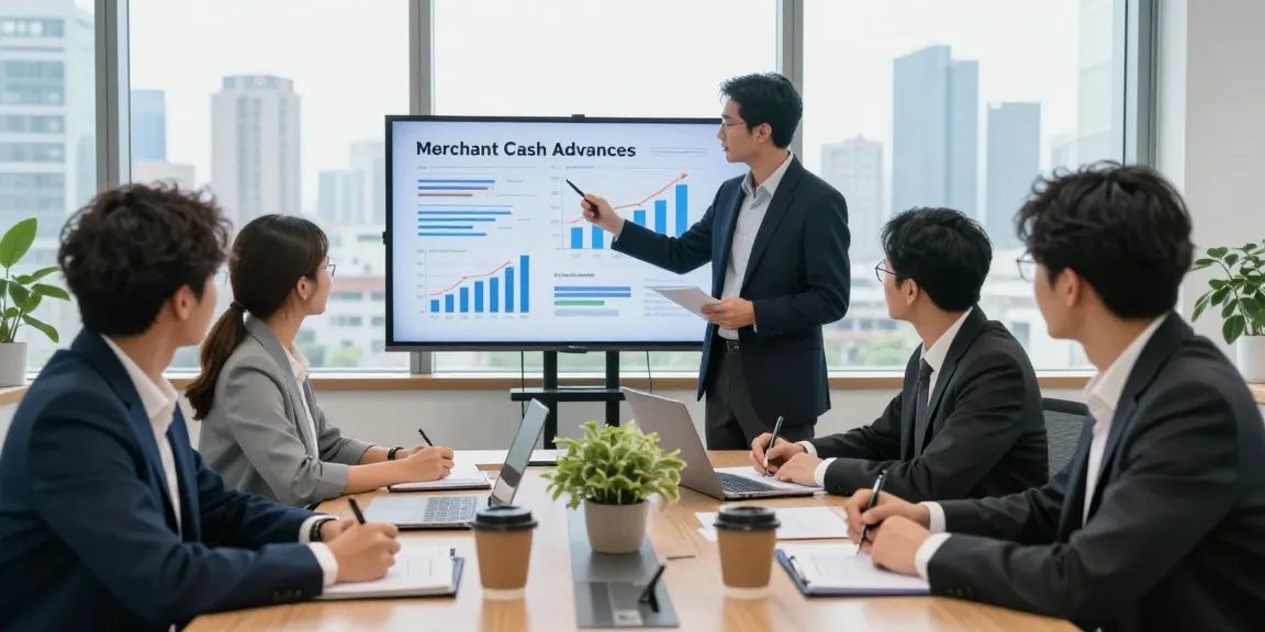 Business discussion on whether merchant cash advances are legit, showcasing a professional meeting with charts.