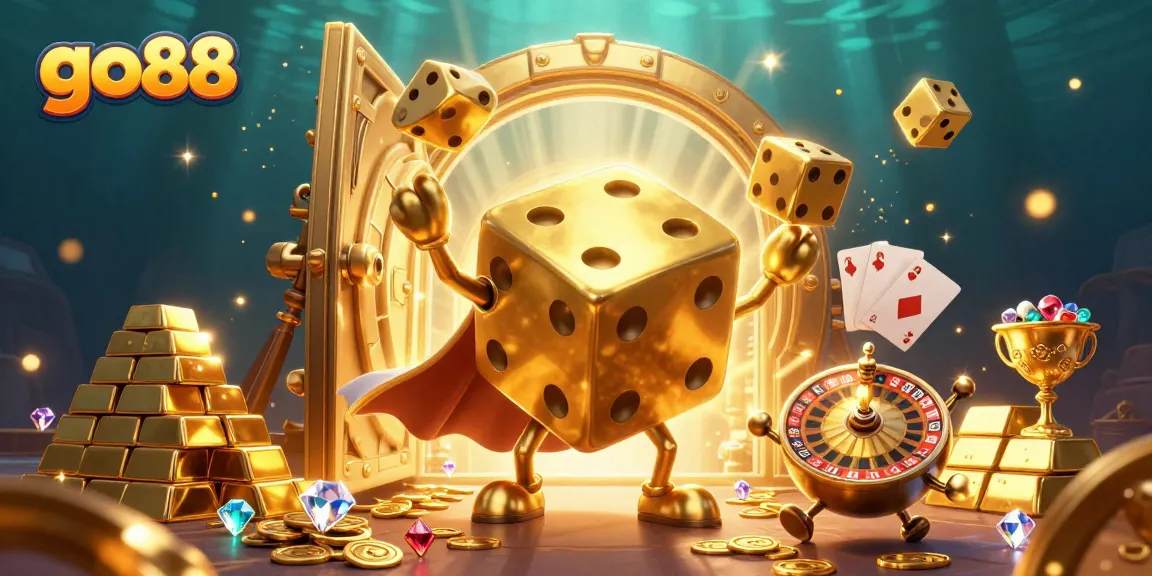 Win big with go88 in this vibrant, dynamic casino-themed illustration featuring golden dice and treasure.