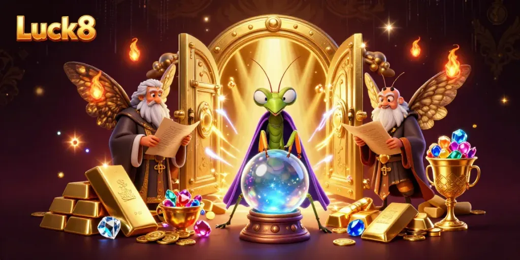 Experience the magic of Luck8 with a vibrant 3D scene of mystical fortune tellers surrounded by treasures and energy.