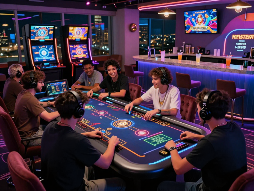 Dynamic scene at a crypto casino with diverse players enjoying digital gaming and vibrant atmosphere.