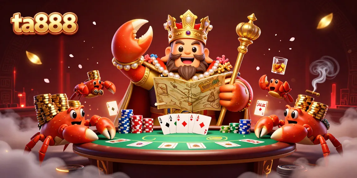 Immerse in the ta888 casino action with a golden crab emperor and vibrant poker elements.