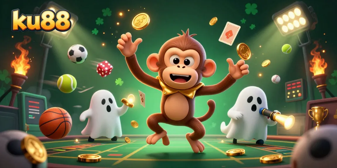 ku88 showcases a mischievous poltergeist monkey juggling golden casino items in a dynamic scene.