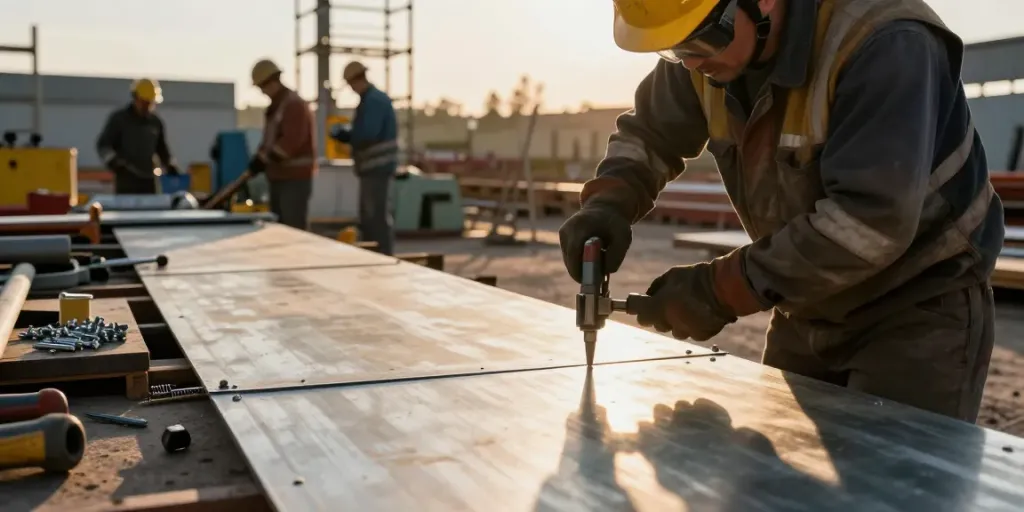 Operaio utilizza rivetti per unire fogli di metallo in un cantiere, riflettendo l'arte della lavorazione dei metalli rivit.