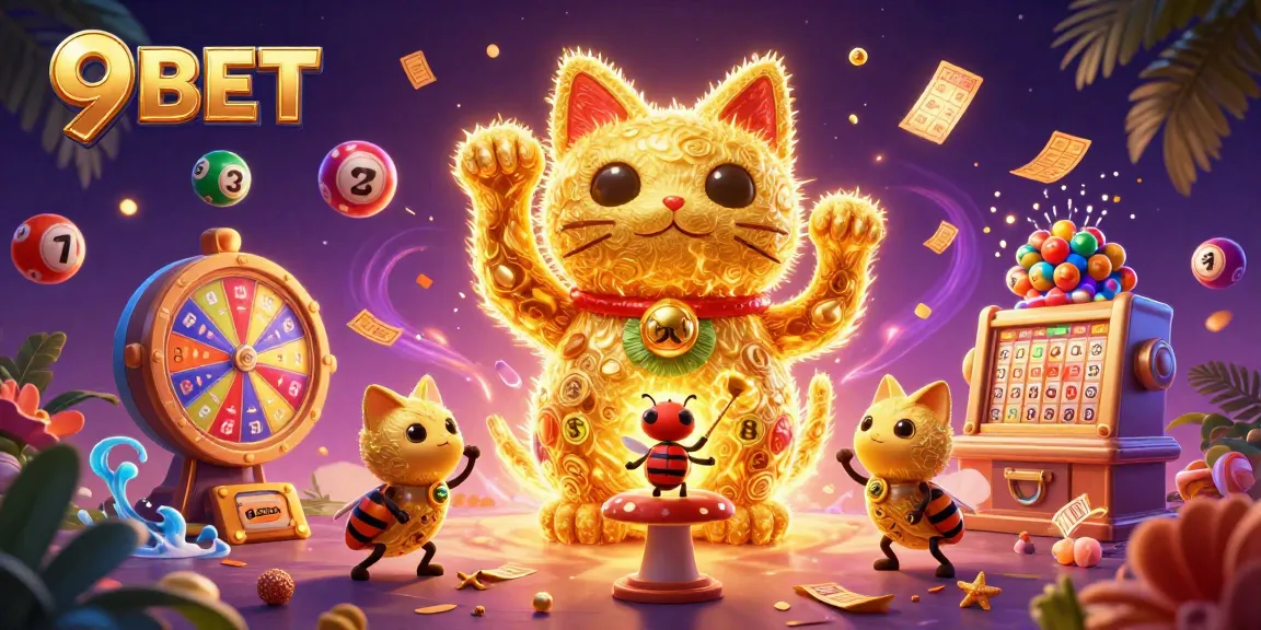 Engage in exciting gaming adventures with 9BET's vibrant casino scene showcasing golden fireflies, lucky cat, and dynamic lottery elements.