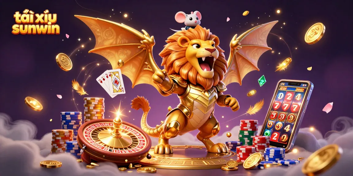 A dynamic scene of tài xỉu sunwin featuring a golden chimera, cascading coins, and a roulette wheel, capturing the thrill of online gaming.