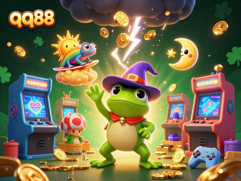 Experience exciting wins at qq88 with a vibrant 3D illustration showcasing gaming elements and fun characters.