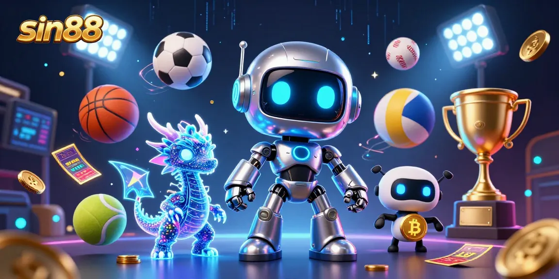 Join the gaming excitement at sin88 with a cyberpunk robot and AI dragon amidst vibrant casino elements.