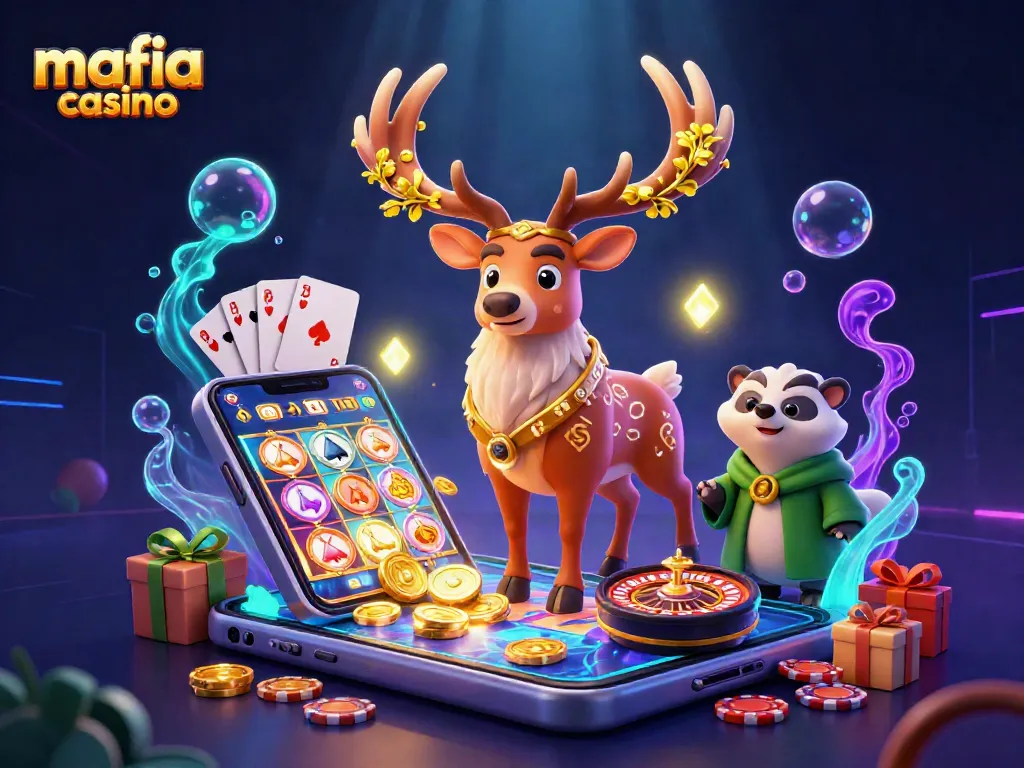Mafia casino scene depicting players engaging with 3D slots and card games featuring wealthy characters and vibrant gaming elements.