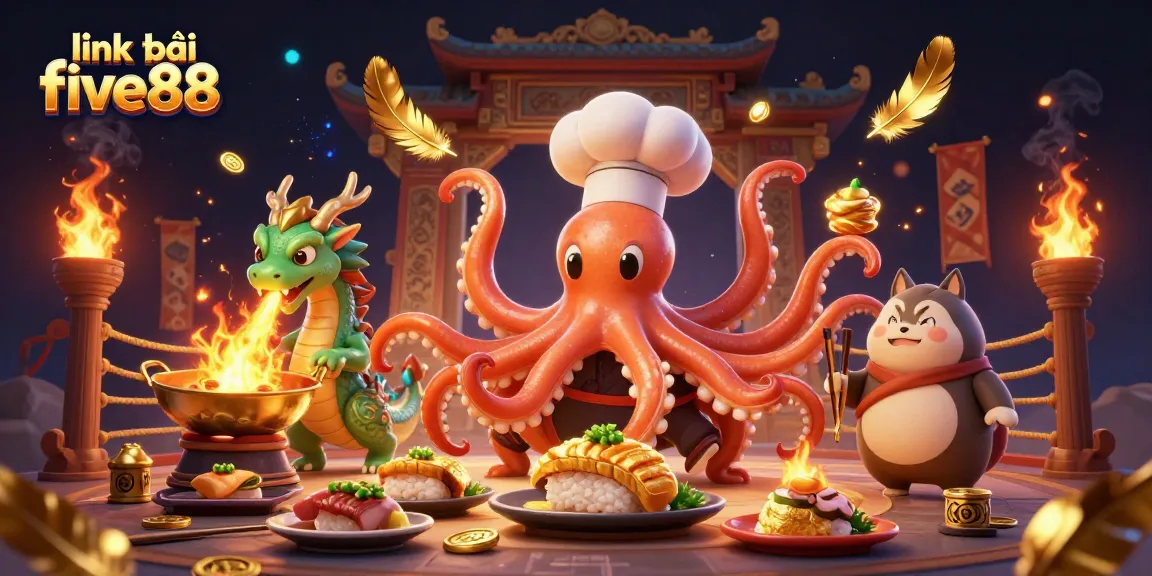 Experience the vibrant world of gambling with link vào five88, featuring a sushi chef octopus and dragon.