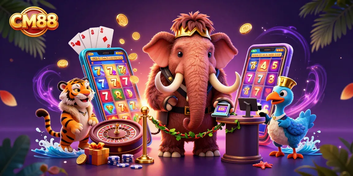 Engage with CM88's vibrant online casino scene featuring a woolly mammoth bouncer amid exciting game elements.
