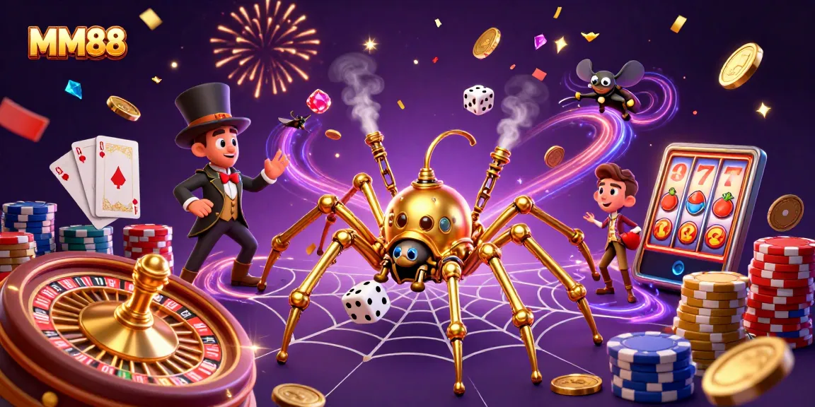 MM88 showcases a playful steampunk scene with a golden spider and Victorian fly amidst cascading coins and slot game symbols.