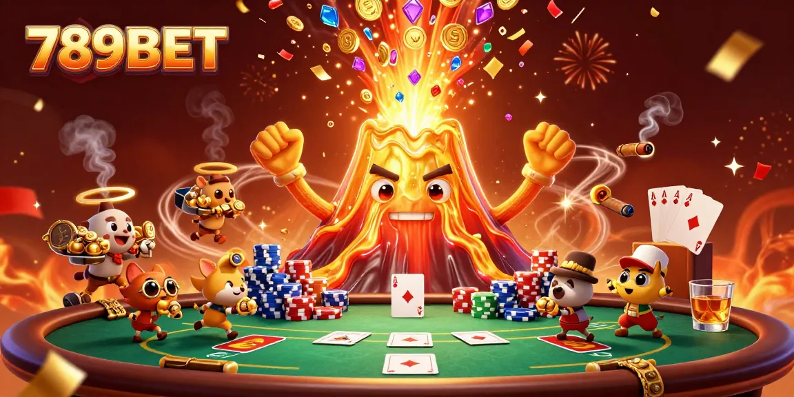 Experience the excitement of 789BET with a thrilling scene of a golden volcano erupting treasures and poker action.