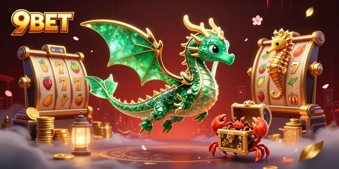 Engage with 9BET's vibrant gaming scene featuring slot reels, golden coins, and festive elements.