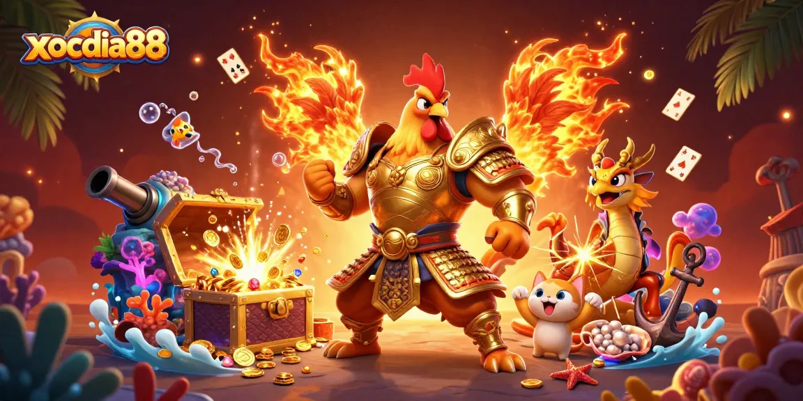 xocdiaa88 features a sensational fighting rooster warrior with vibrant gold armor amidst ocean treasures, captivating viewers with rich detail.