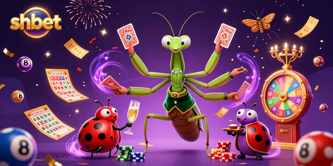 Engage in exhilarating shbet games as the giant praying mantis deals cards amidst a vivid carnival atmosphere.