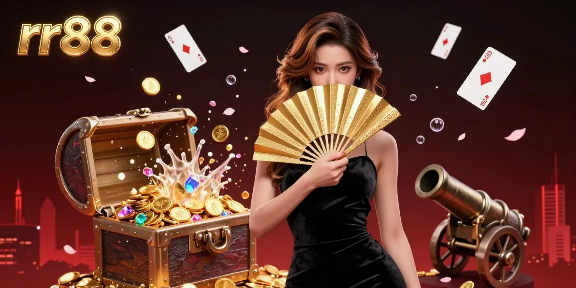 Experience the excitement of rr88 with a stunning 3D illustration featuring casino elements and a striking character.