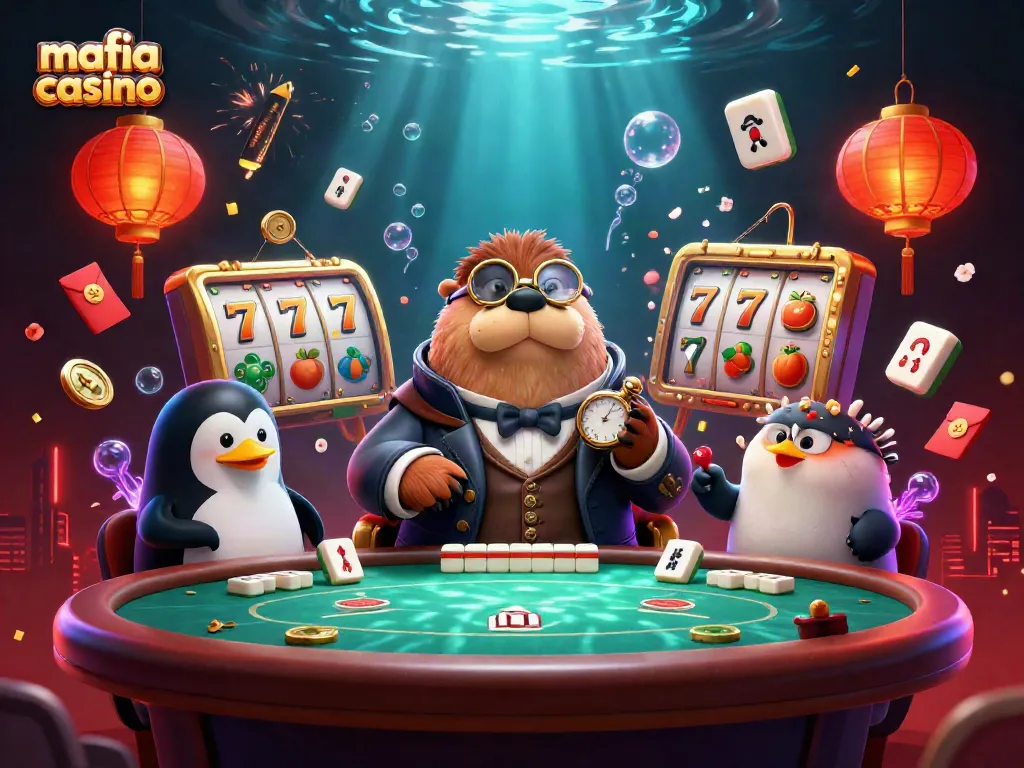 Mafia Casino vibrant scene showcasing a jolly walrus at an underwater poker table with a penguin dealer and pufferfish player.