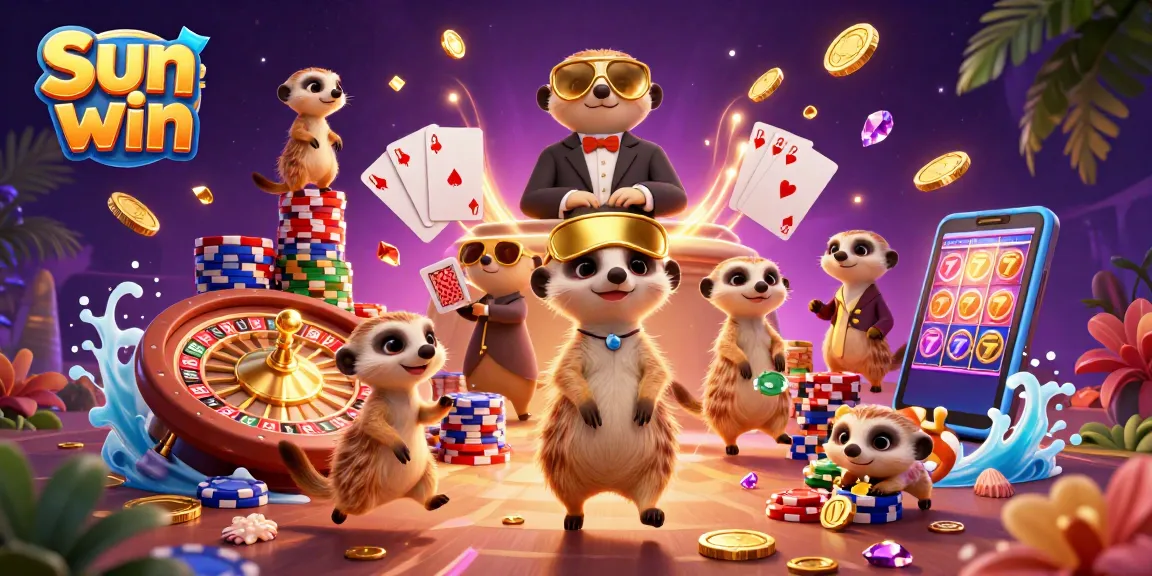 Experience the excitement of Sun win with playful meerkats in a vibrant casino scene, featuring dynamic games and jackpot elements.