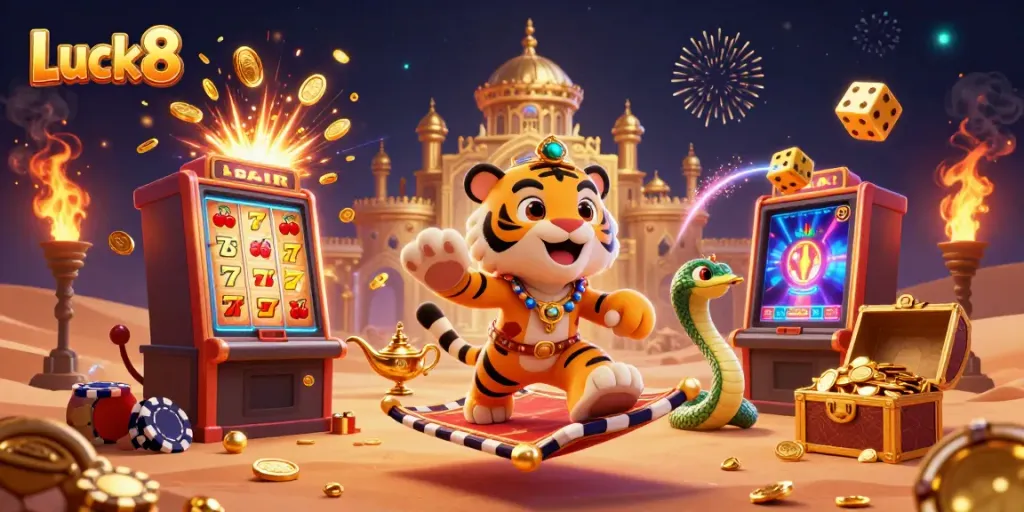 Experience the thrill of Luck8 with a vibrant casino scene featuring a tiger sultan and dynamic game elements.