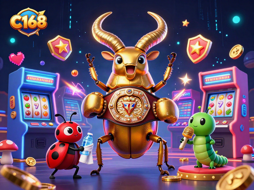 C168 brings a vibrant casino world to life with a dynamic 3D illustration of a golden stag beetle boxing champion surrounded by slot machines.