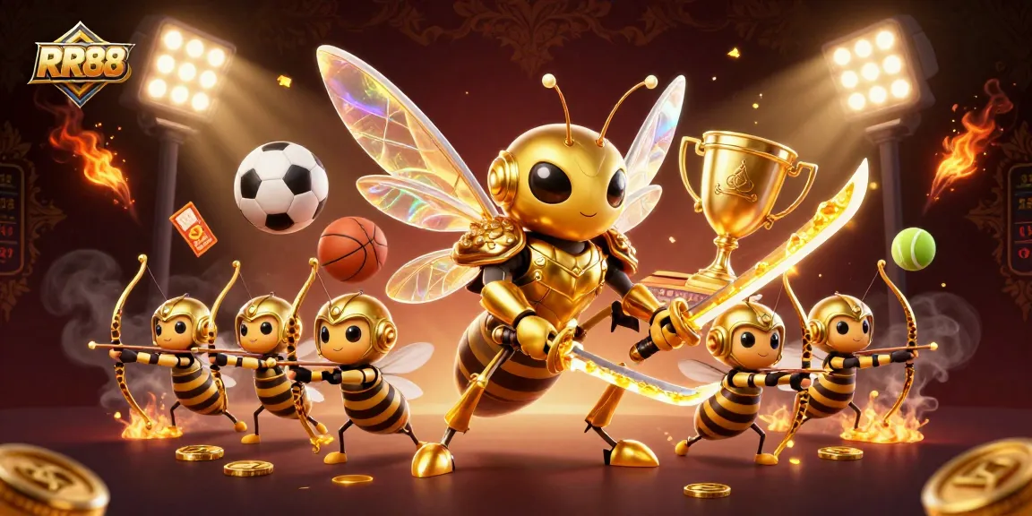 RR88 showcases a vibrant 3D illustration of a golden hornet samurai surrounded by flying sports elements, emphasizing online gaming excitement.