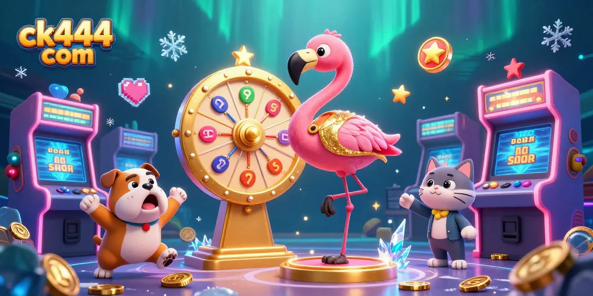 Engage with ck444 com's vibrant gaming world featuring a flamingo host, bulldog contestant, and cat assistant.
