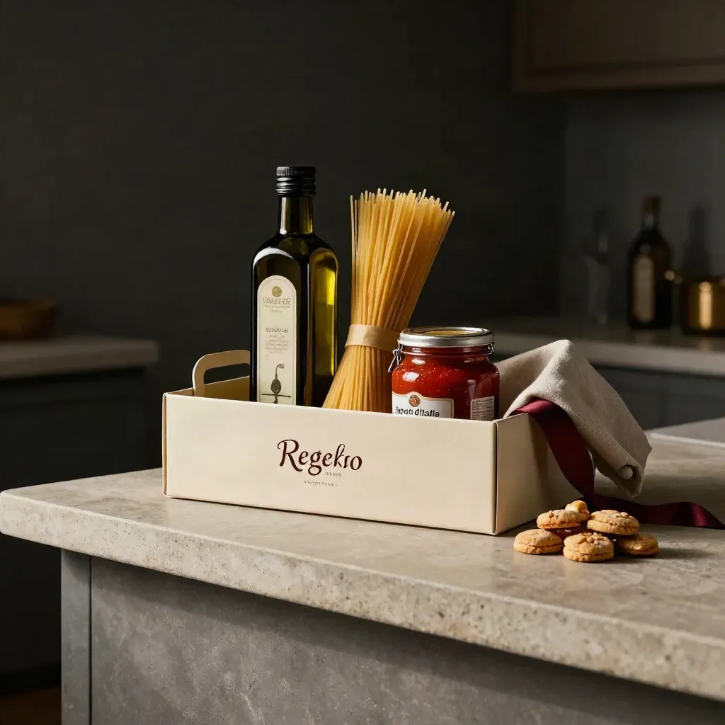 Box regalo con olio, pasta, sugo e amaretti su pietra chiara, luce drammatica