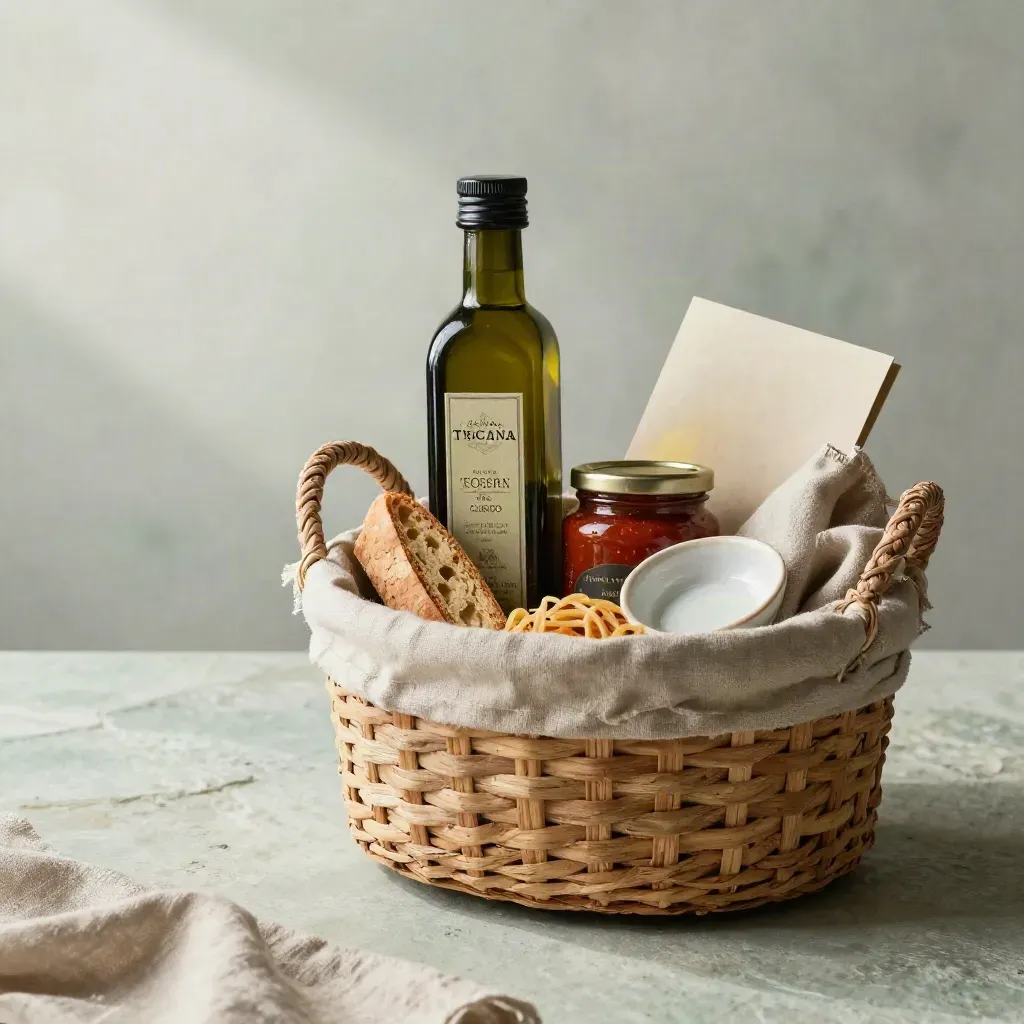 Cesto regalo toscano con olio, pasta, sugo, cantucci e ceramica su pietra chiara.