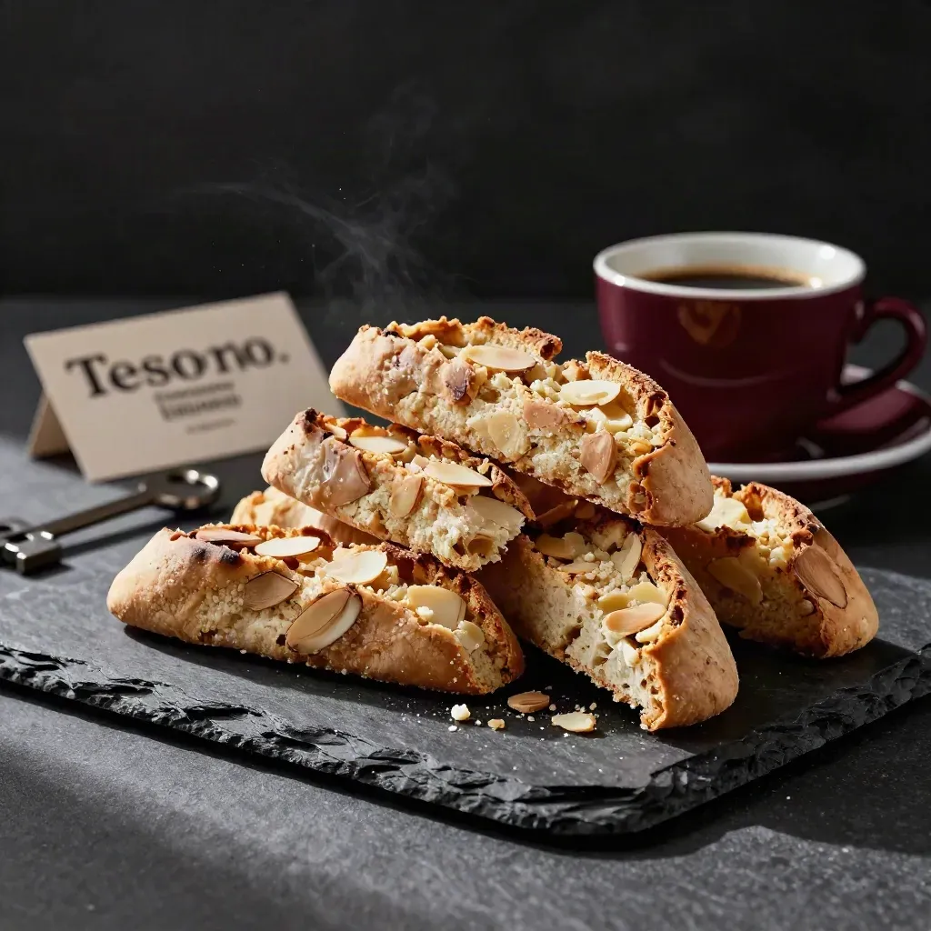 Cantucci alle mandorle su ardesia con tazzina e briciole, atmosfera drammatica