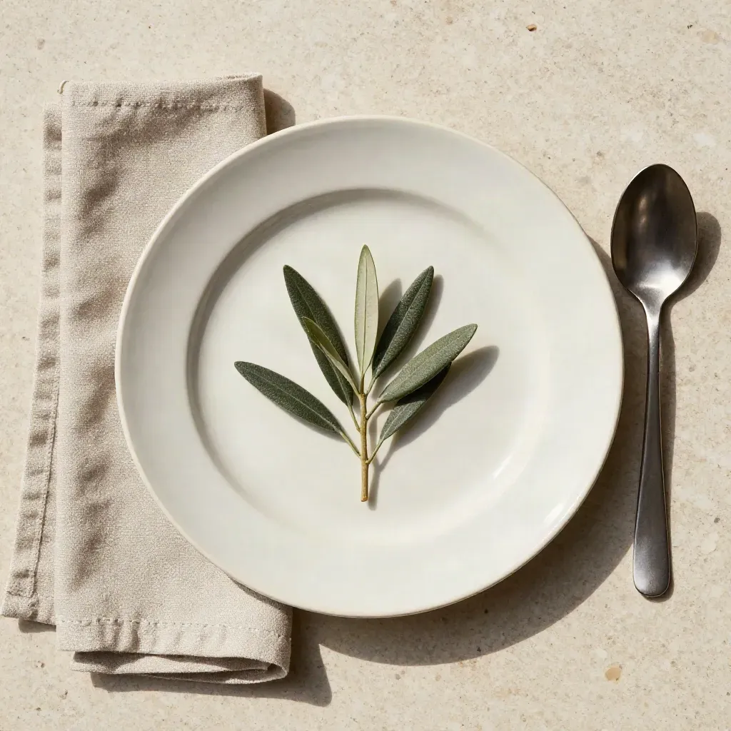 Piatto in ceramica di Vietri con tovagliolo di lino, rametto d’olivo e cucchiaino su pietra chiara.