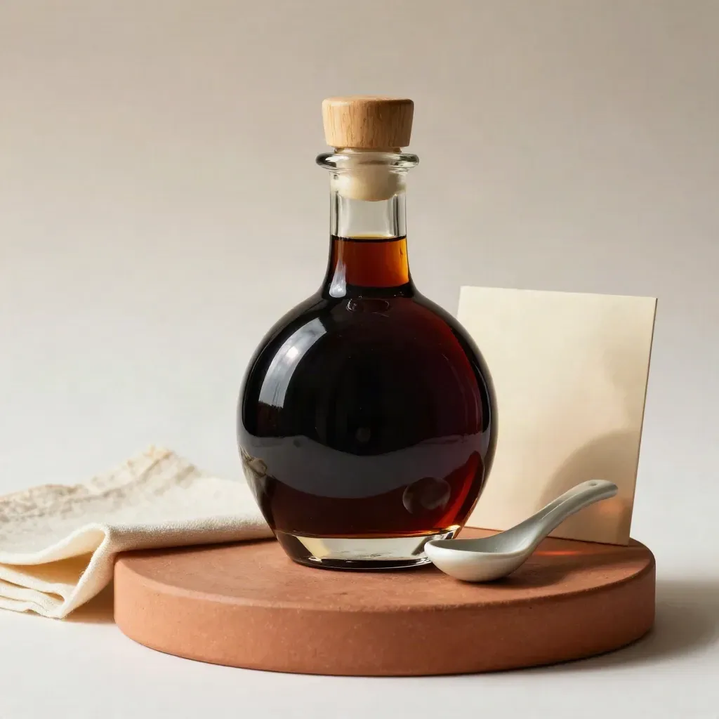 Bottiglia di aceto balsamico con tappo in legno e cucchiaino in ceramica su plinto terracotta.
