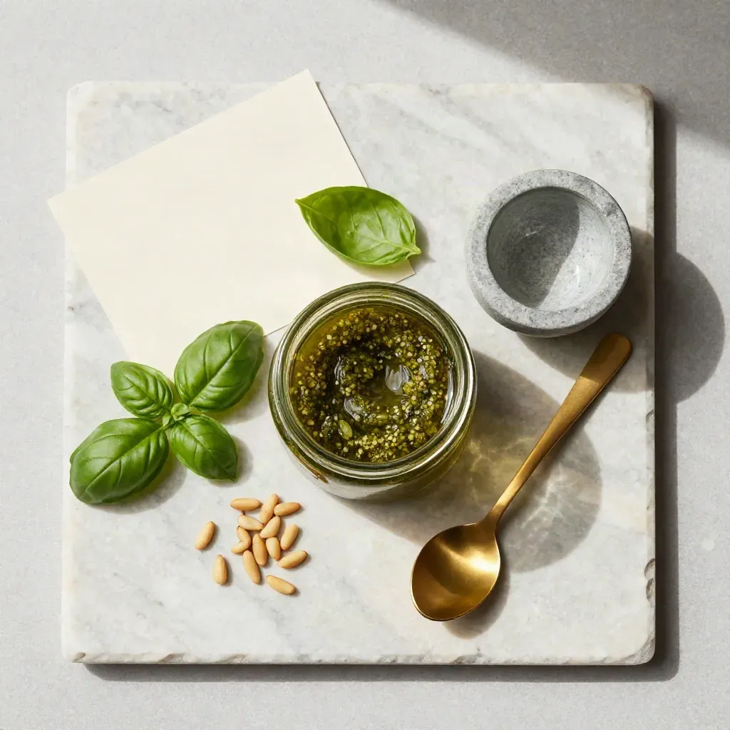 Barattolo di pesto genovese con basilico, pinoli e mortaio su pietra chiara